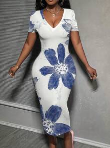 INAWLY Solva Plus Size Women Floral Print V-Neck Short Sleeve Fitted Elegant Dress