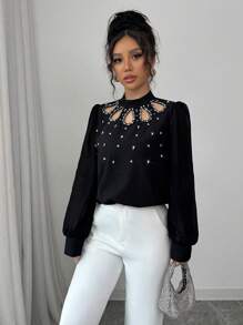 Modelyn Blusa de manga larga negra con cuello de perlas sueltas y diseño en contraste - Negro - Ver 3