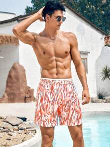 Manfinity VDAYZ Men Zebra Patterned Print Drawstring Waist Beach Shorts (Asymmetrical Print) - Orange - View 4