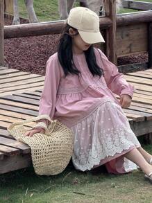 DAZY Mid-Long A-Line Lace Splice Solid Color Princess Round Neck Long Sleeve Tween Girl Dress - Pink - View 6