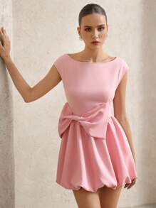 SHEIN Unity 优雅淑女时尚高端露肩蝴蝶结缀饰腰部喇叭下摆迷你连衣裙 - 粉色 - 查看 5