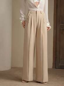 Anewsta Fashionable Modern Commuter Pearl Rhinestone Decor Women Office Pants, Elegant Casual Work Outfits For Women - Cream - View 4