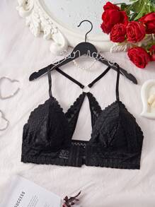 1pc Plus Size Front Hook Closure Hollow-Out Back Lace Wireless Lingerie Bra - Black - View 6