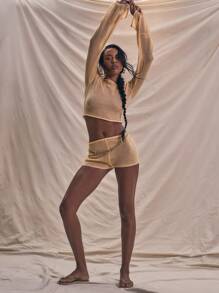 MUSERA Knitted Fitted Mini Shorts Summer Holiday Spring - Orange - View 1