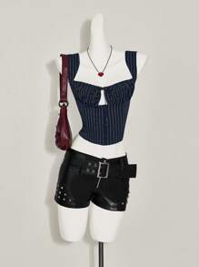 SHEIN ICON Women's Y2k Office Wwomen Outfits Casual Tie Front Striped Wide Strap Tank Top For Everyday Wear