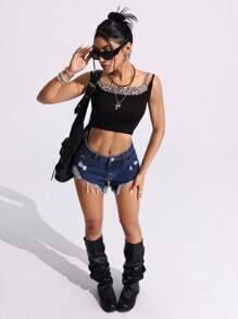 SHEIN EZwear 休闲牛仔短裤，时尚又适合夏天 - 深色水洗藍 - 查看 3