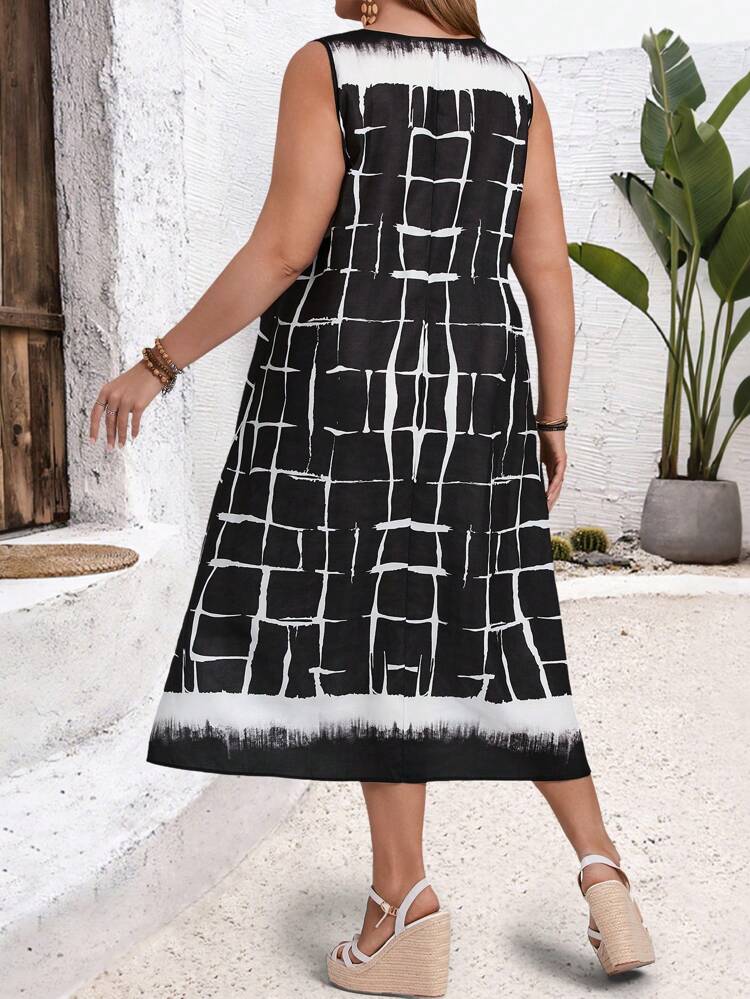 Plus Size Women Plaid Print V-Neck Sleeveless Casual Dress