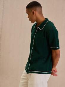 Musero Knitted Contrast Stitch Full Button Up Top - Dark Green - View 2