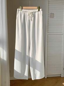 Comfortcana Damen Weit geschnittene Hose aus gewebtem einfarbigem Stoff mit Tunnelzug in Taille, Weiß - Weiss - Übersicht 5