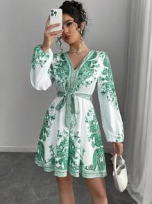 Chiquease Women's Vacation Floral Print Lantern Sleeve Fashion Dress - Green - View 1