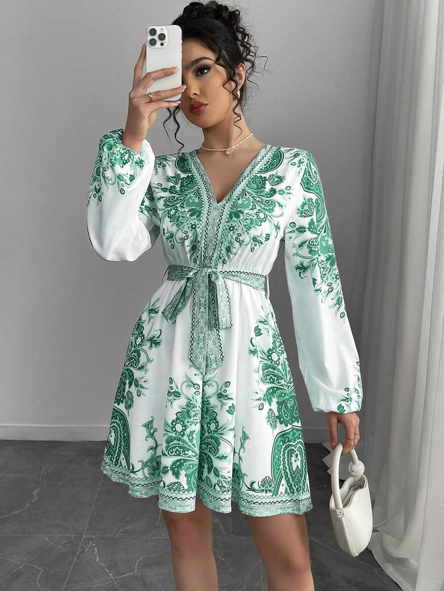 Chiquease Women's Vacation Floral Print Lantern Sleeve Fashion Dress - Green - View 1