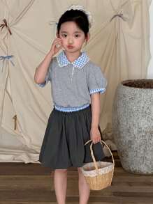 DAZY 2 件套年轻女孩领口拼色针织短袖上衣 + 编织裙夏季服装 - 灰色 - 查看 4