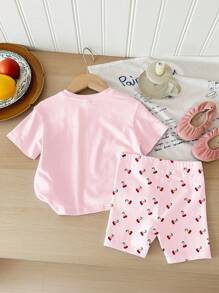 SHEIN Happikins Baby Girl Casual Minimalist Round Neck Short Sleeve T-Shirt & Skinny Shorts 2 Pieces Set, Suitable For Spring/Summer - Multicolor - View 4