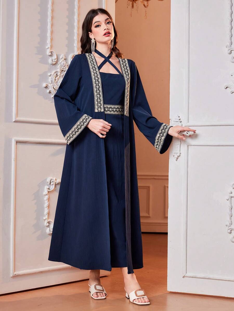 Al Najma 女士优雅两件套：长袖前开襟长袍和挂脖长袍 - 寶藍色 - 查看 1