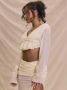 MUSERA Chiffon Ruched Draped Long Sleeve V Neck Cropped Top For Summer Vacation Bachlorette Hen Do Spring Holiday - Khaki - View 2