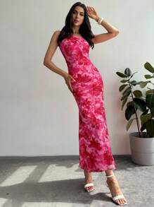 Firerie 女士优雅花卉印花单肩鱼尾下摆扭纹设计连衣裙，适合度假、约会、音乐节 - 玫紅色 - 查看 4