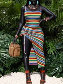 Slaydiva Women's New Vacation Casual Colorful Striped Knit Drawstring High Slit Dress - Multicolor - View 10