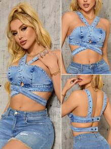 SHEIN SXY Top camisole din blugi pentru femei de petrecere de vacanță sexy