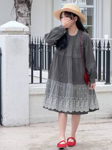 DAZY Mid-Length A-Line Lace Patchwork Solid Color Princess Round Neck Long Sleeve Dress For Tween Girls - Grey - View 4