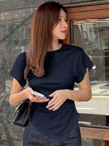 DAZY Women's Form-Fitting Asymmetric Hem Cinched-Waist T-Shirt Summer - Navy Blue - View 3