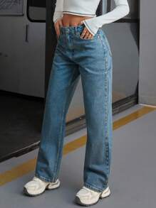 EURMUSE Comfort High Waist Straight Leg Jean Tinted Women S Outfits Work Outfits For Women Jean Outfit Women Women S Cargo Pants Women S Sets Women Clothing Y2k Women Summer Clothing Woman S Summer Clothes Women Summer Sets - Medium Wash - View 3