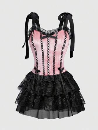 Goth Abito midi da donna con spalline a spaghetti in velluto, stile vintage gotico palazzo, con finiture in pizzo a contrasto e pendente a croce