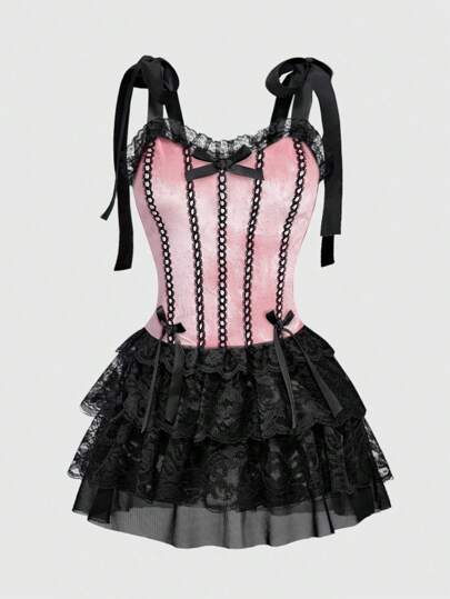 Goth Vestido midi de terciopelo con tirantes de espagueti, estilo gótico vintage de palacio, con bordado de encaje de contraste y colgante de cruz para mujeres