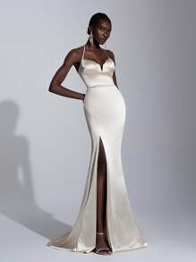 Elitara Elegant And Gorgeous Champagne Color Luxurious Satin Sling Steel Ring V-Neck High Waist Slim Sexy Split Fishtail Skirt Tail Suitable For Dating Single Party Formal Occasion Dinner Dress - Champagne - View 5