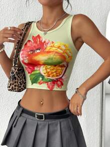 INAWLY Women's Floral Print Crew Neck Fitted Cropped Casual Tank Top - Multicolor - View 3