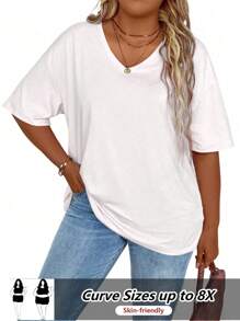 SHEIN CURVE+ Camiseta holgada de talla grande para mujer con cuello en V y hombros caídos, de unicolor - Blanco - Ver 1