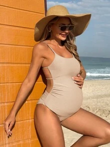 SHEIN One-Piece Maternity Elegant Beautiful Back Sleeveless Rib-Knit For Summer Beach Vacation - Apricot - View 1