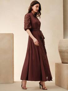 Anewsta Đầm đô thị thanh lịch cổ đứng tay dài buộc eo, thích hợp cho mùa xuân/hè, ngày lễ tình nhân, đêm hẹn hò - Đỏ - Xem 7