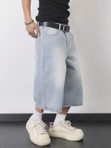 Claim Dot 男士口袋阔腿宽松休闲牛仔短裤 - 淺色水洗藍 - 查看 3