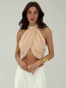 Aloruh Chiffon Vacation Casual Fashion Cross Ruched Back Neck Button Elegant Sexy Blouse For Women,Rave Top - Khaki - View 3