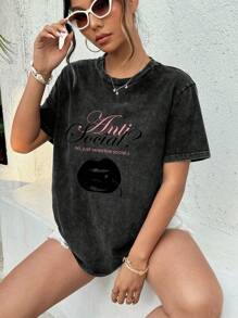 Clara Sepulveda 黑色，水洗复古，棉混纺，嘴唇，樱桃图案，休闲常规版型宽松圆领女式 T 恤，适合夏季 - 黑色 - 查看 3