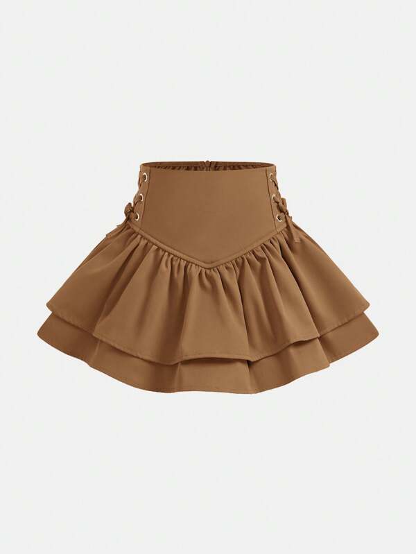 Falda casual de doble capa con volantes en el bajo y lazo lateral para niñas, ideal para uso casual, diario y escolar en otoño e invierno, a juego con mamá e hija, hermana y yo