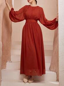 Graceveil Ruched Chiffon Flare Arabic Style Dress For Women - Red - View 4
