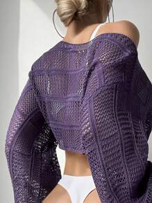 Swim Chiccia Women's Vacation Solid Color Hollow Long Sleeve Cropped Chiffon Cover Up Top For Summer - Violet Purple - View 2