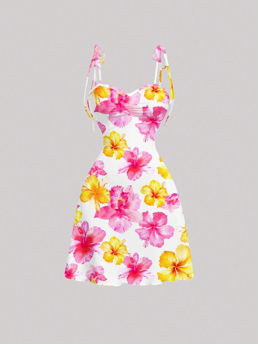 SHEIN MOD Váy midi chữ A dây mảnh in hoa có xếp ly giữa phía trước và cạp chun eo - Nhiều màu - Xem 1