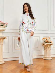 SHEIN 2pcs/Set Women's Simple & Elegant Floral Embroidery Pattern Long Sleeve Blouse And Pants Set