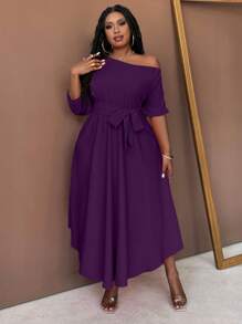 Maweii Vestido largo con cinturón y cuello asimétrico de línea A para mujer de talla grande - Morado - Ver 3