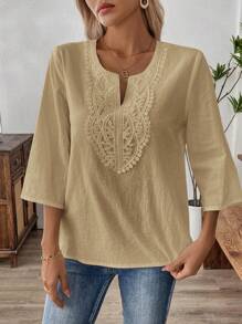 EMERY ROSE Solid Color Short Sleeve V-Neck Simple Fashionable Shirt, Suitable For Summer Cotton - Khaki - View 6