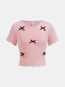 SHEIN Girlism 2pcs Tween Girls Casual Solid Color Knit Crew Neck Contrast Bow Decor Short Sleeve Cute Top Set
