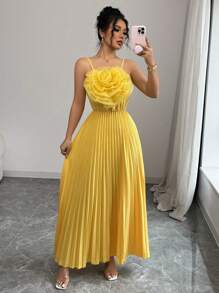 SHEIN PETITE Vestido de línea A con decoración floral elegante, cintura drapeada, cintura alta, apropiado para fiestas y uso diario, color amarillo, para mujer primavera/verano