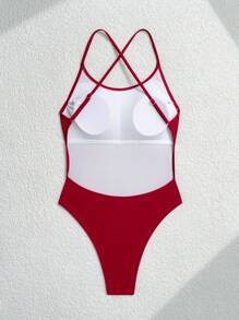 Swim SPRTY Đồ bơi một mảnh hở lưng gợi cảm không tay màu trơn cho nữ, hàng mới về mùa hè - Màu Đỏ Sâu - Xem 2