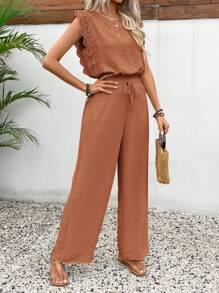 SHEIN Frenchy 2 件套：女式无袖蕾丝短款上衣，纹理面料 - 珊瑚橙 - 查看 4