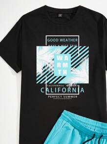 Manfinity RSRT Tropical Beach Palm Tree Silhouette Color Block Printed Vacation Casual Men's Fitted T-Shirt And Turquoise Shorts Set For Summer - Multicolor - View 3