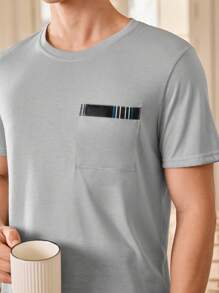 Juego de pijama para hombre, camiseta de cuello redondo de manga corta y pantalones - Gris Claro - Ver 8