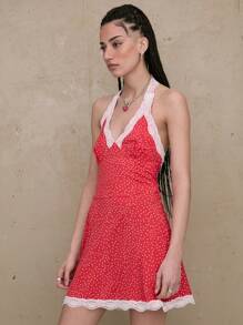 COUREZ Polka Dot Lace V Neck Halter Mini Dress Summer Outfits For Women Y2K Vintage - Orange - View 3