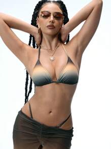 Swim EVENT 3pcs/Set Summer Beach Music Festival Unconventional Sexy Ombre Print Tie Bikini Set - Multicolor - View 4